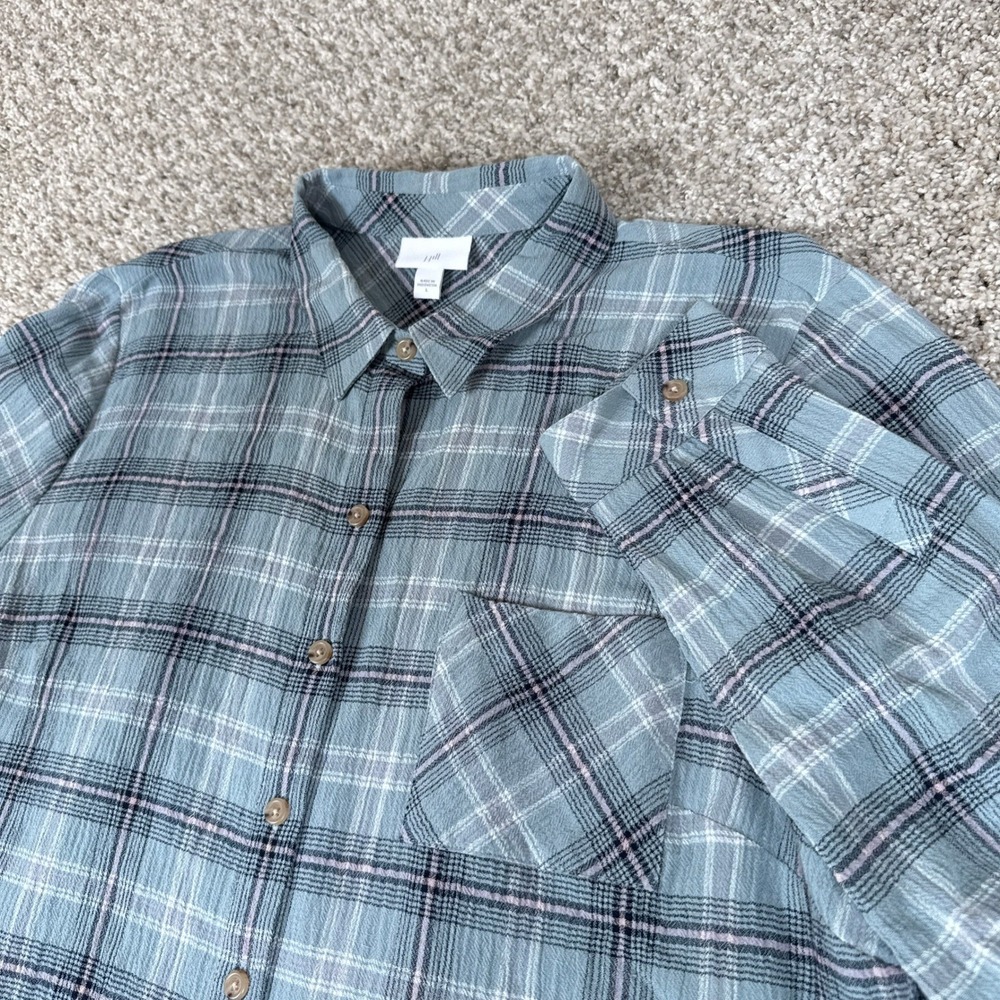 J Jill Shirt Womens L Blue Plaid Guaze Button Up  Rayon Casual Classic Coastal